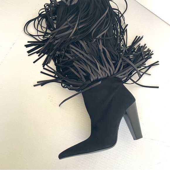 Zara Black Fringe Heeled Knee High Suede Boots Western Maximalism CoastalCowgirl - Picture 7 of 16